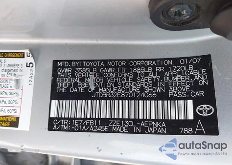 2007 Toyota Corolla Le из США, поврежденный, VIN JTDBR32E870124066